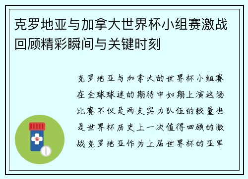 克罗地亚与加拿大世界杯小组赛激战回顾精彩瞬间与关键时刻